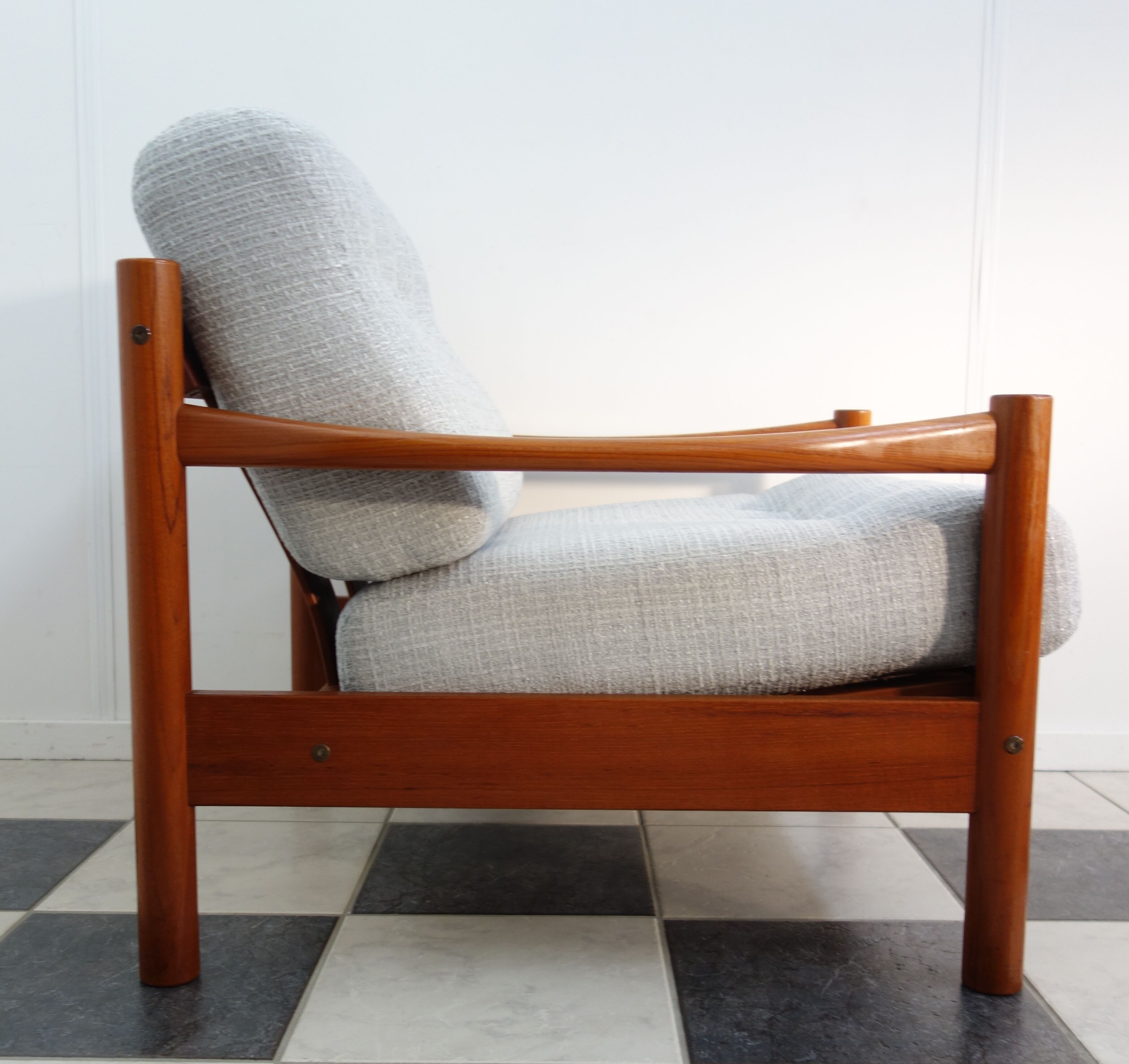 Teak danish chair with light grey upholstery
