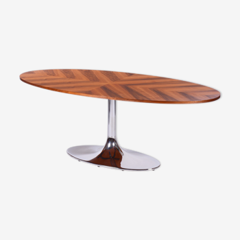 Restored oval table, functionalism, kovona, chrome, walnut, czechia, 1960s
