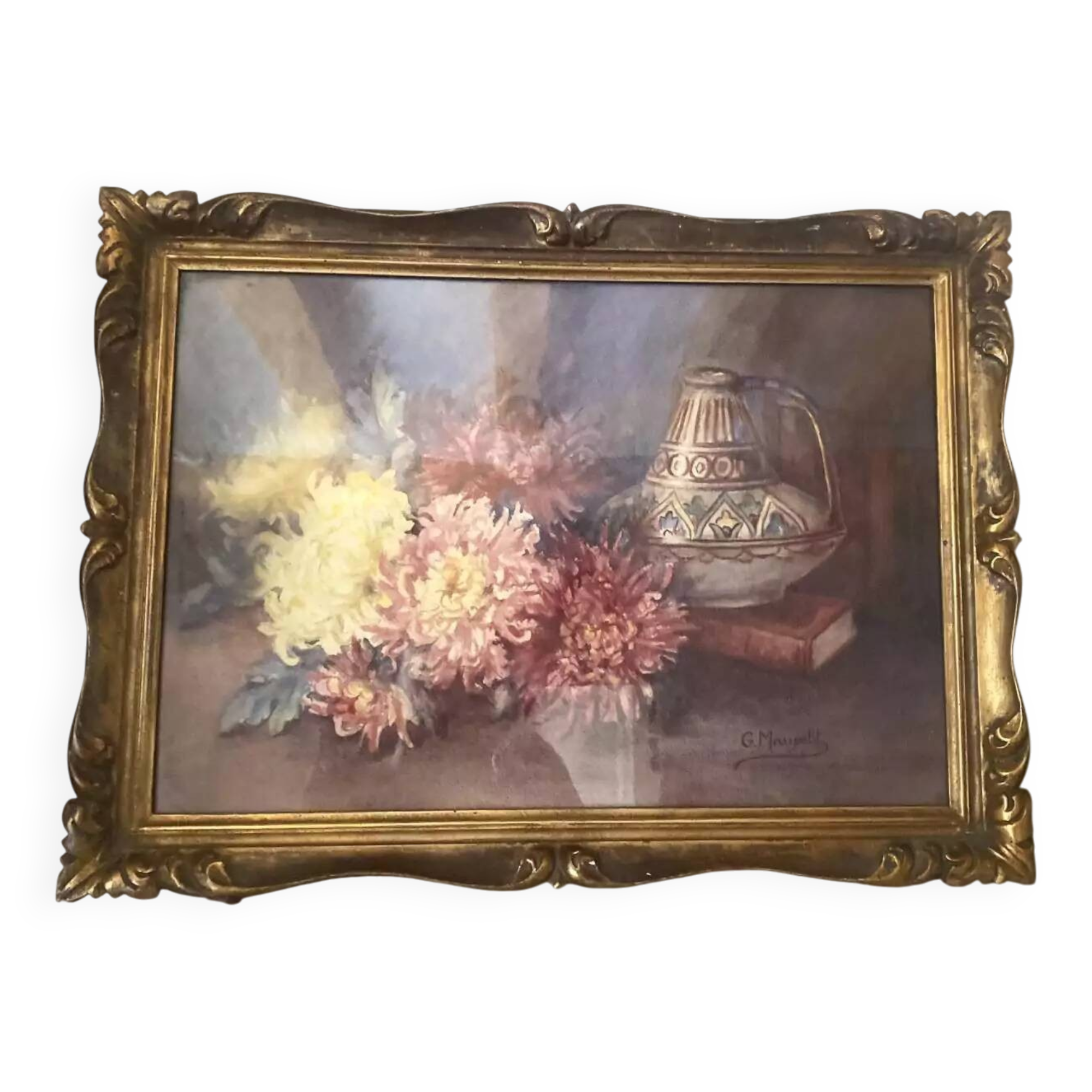 Tableau, aquarelle nature morte aux fleurs signée, sous verre, 1900
