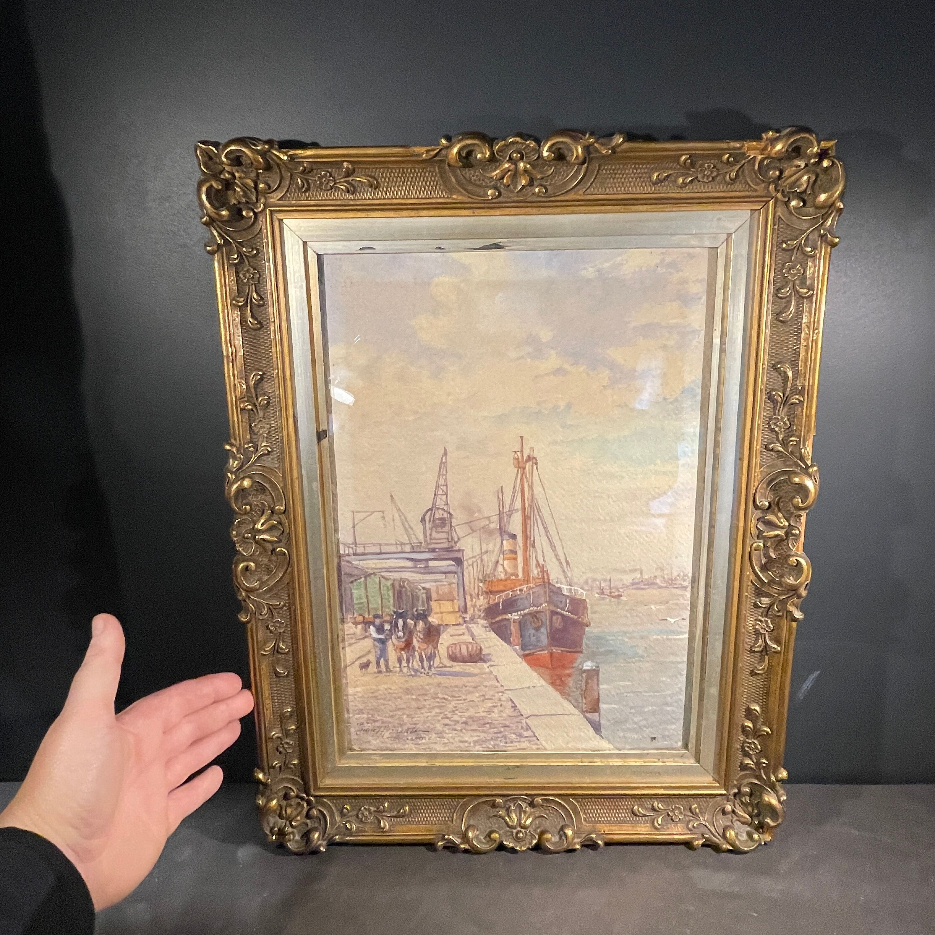 "Quai à Bruxelles" by Emile Lhernault, Tableau Aquarelle Marine, Halage et Chevaux de Trait ca 1910