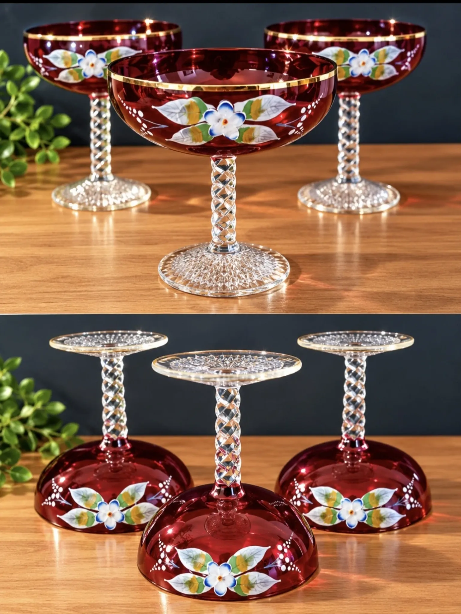 3 Bohemian crystal champagne coupes from the 1960s.