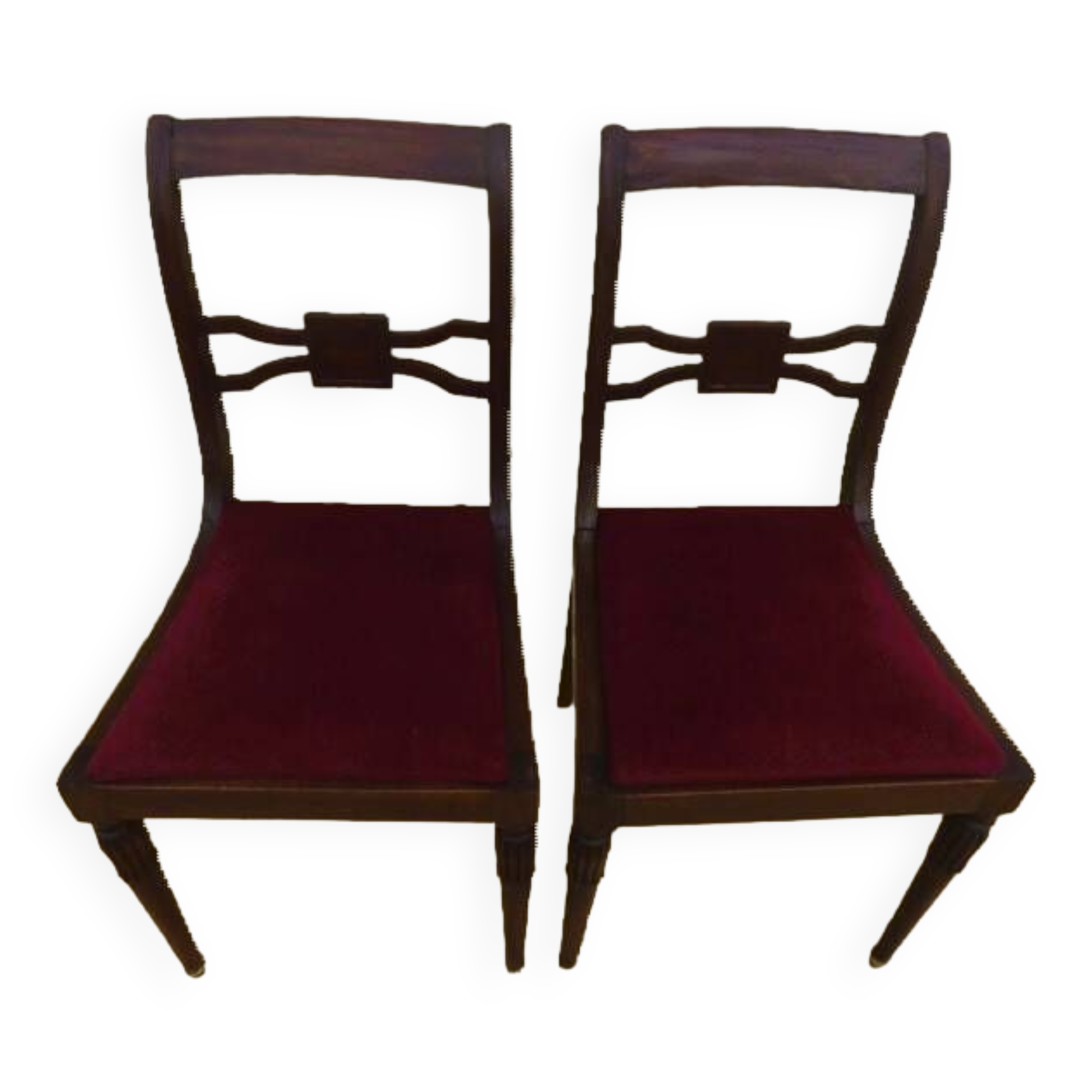2 stylish solid wood chairs with red velvet fabric seats