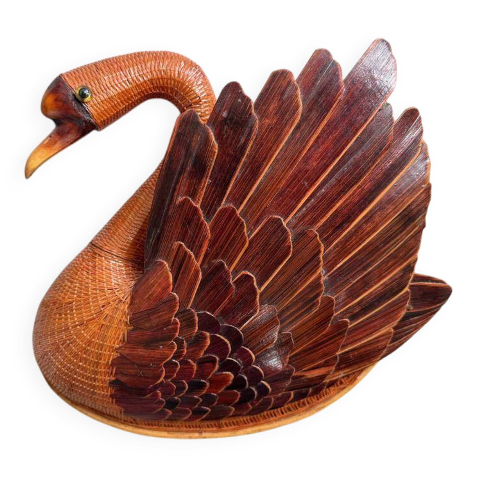 Unique large vintage wicker & rattan swan wall hanging basket