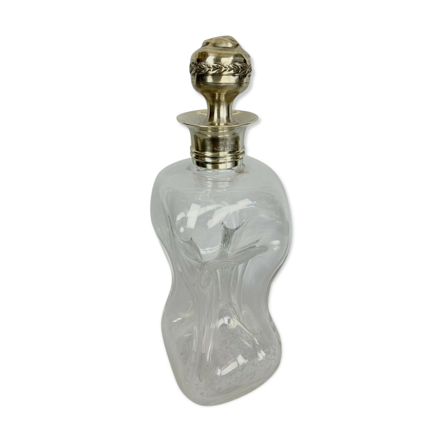 Blown glass carafe with silver frame and cap