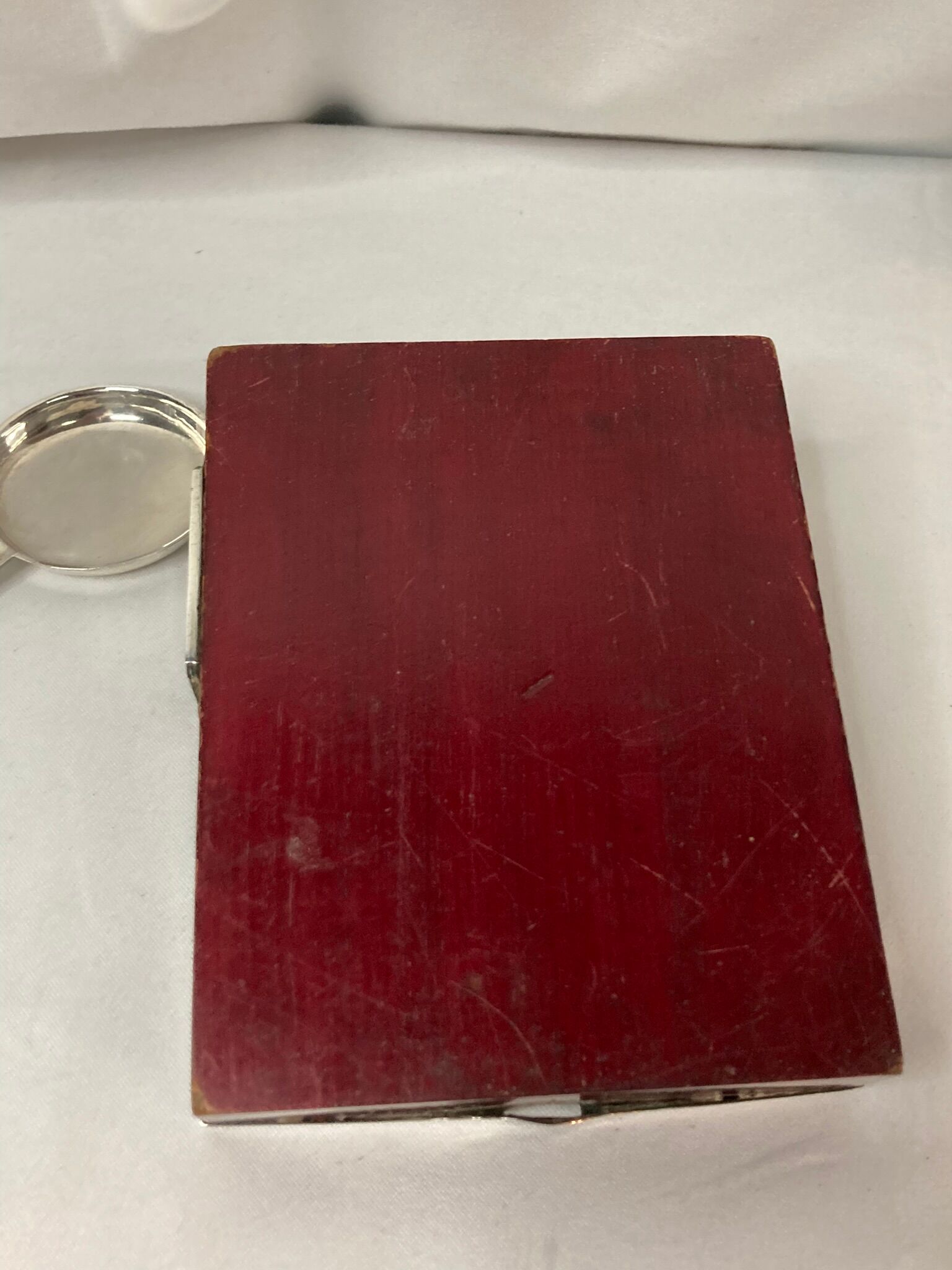 2211869 Vintage, necessary smoker ashtray silver metal red wood circa 1940