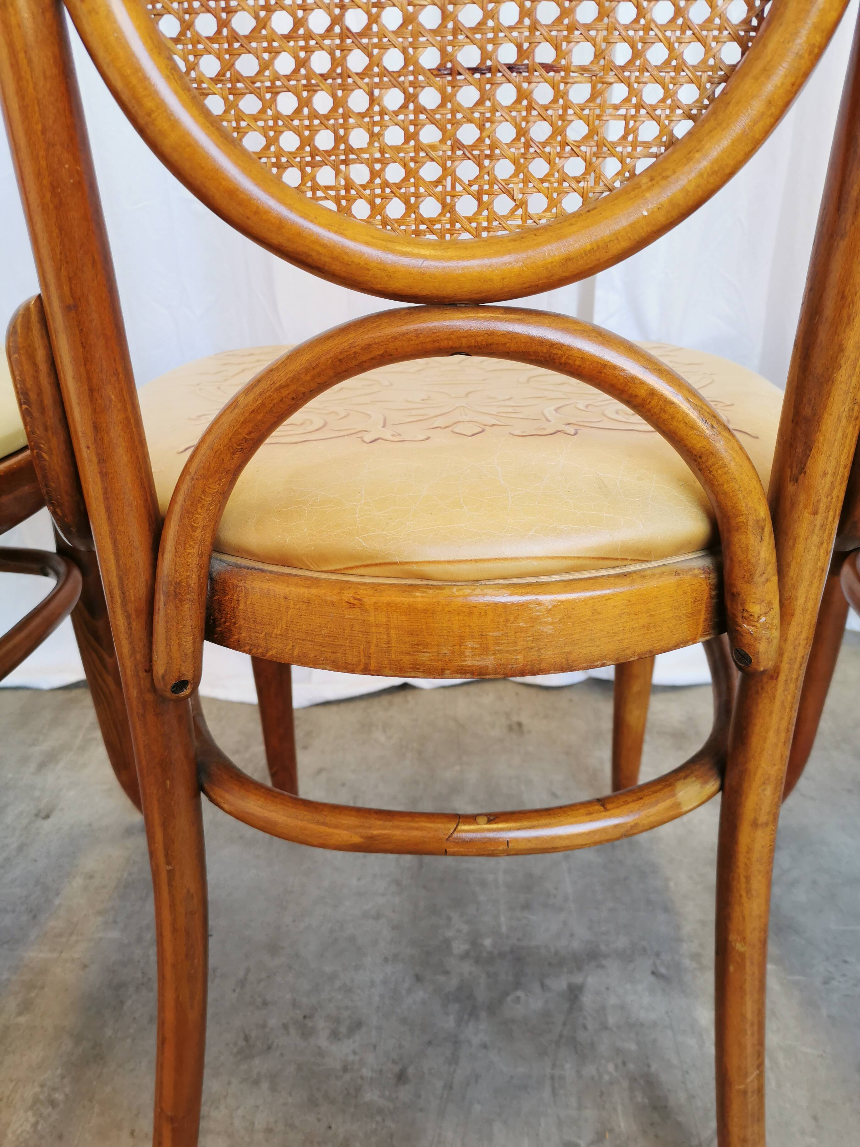 Set of 4 Vintage Bentwood Dining Chairs: Cane Back, Leather Seat, Thonet St