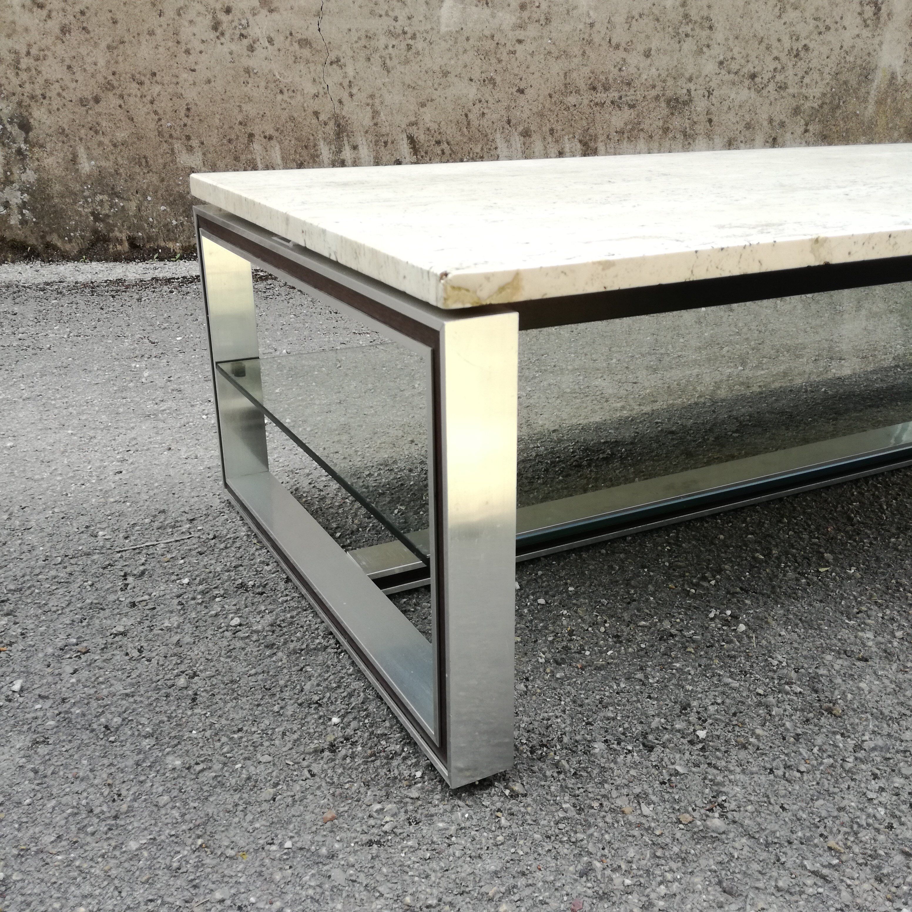 Rectangular coffee table in travertine, glass and aluminium L120