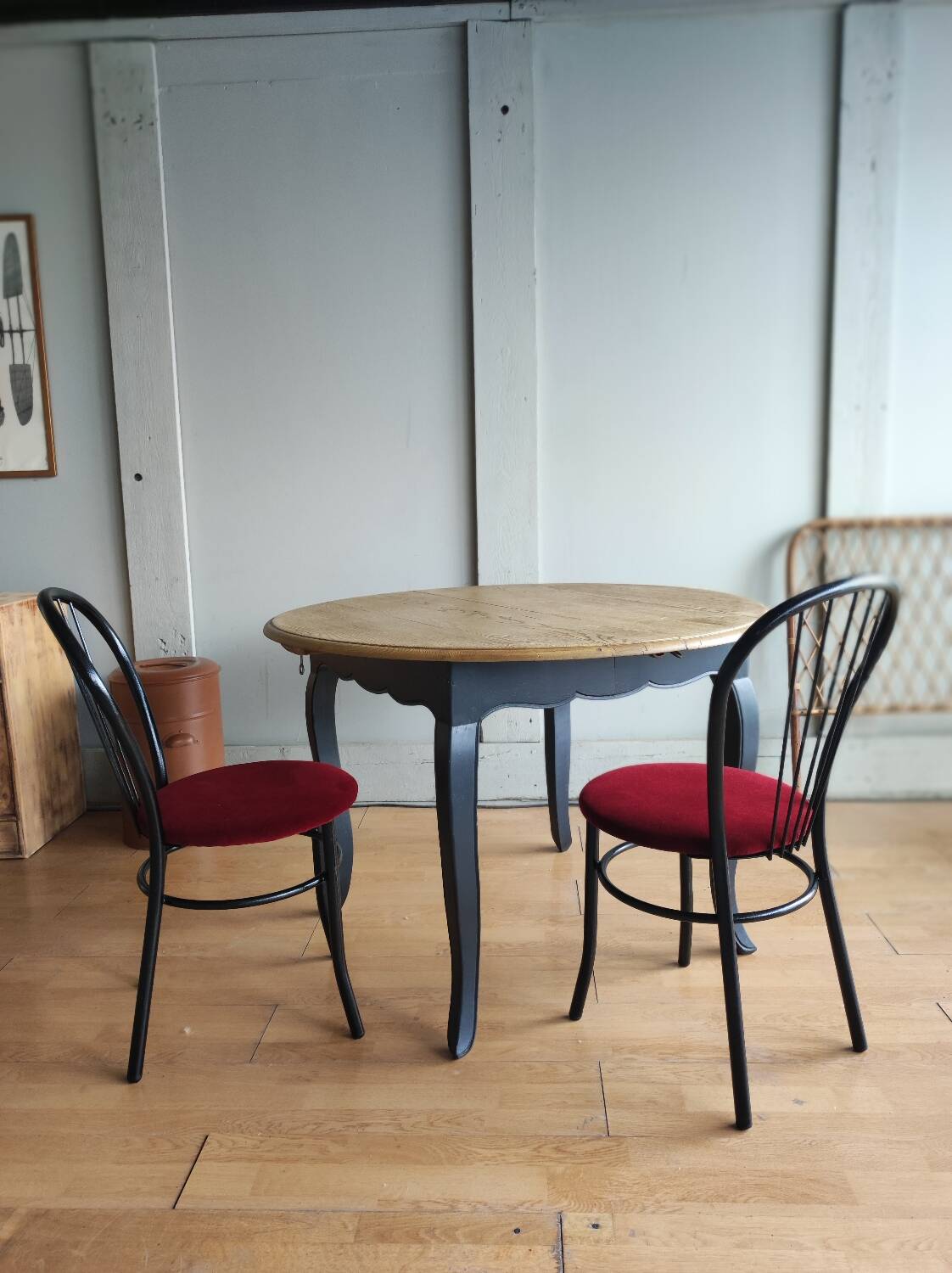 4 black metal bistro chairs with garnet red velvet