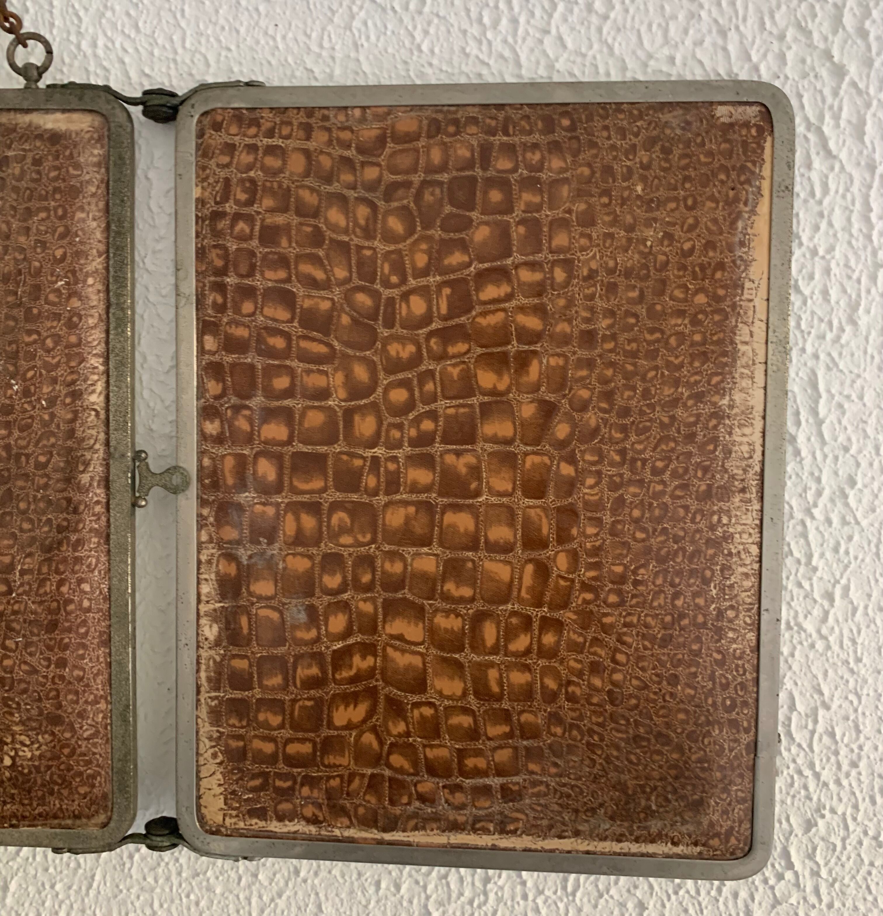 Mirror triptych barber imitation crocodile brown vintage 1930 - 27 x 66 cm