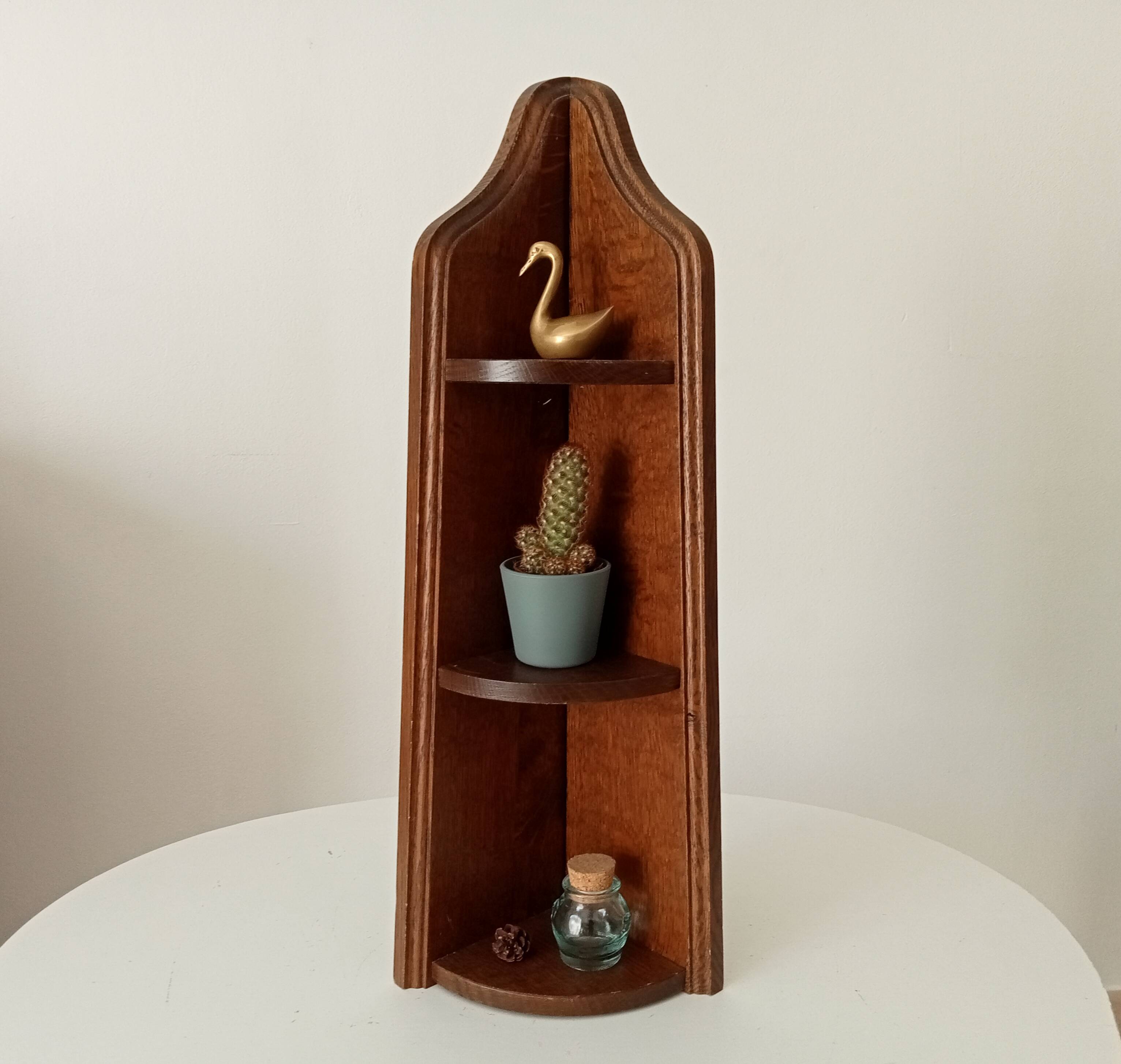 Vintage corner wall shelf in solid oak