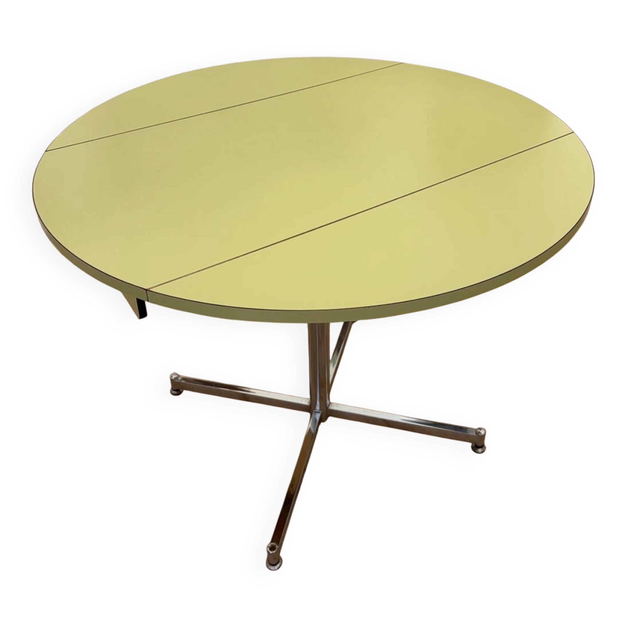 Round extendable folding Formica table with metal legs from the 50s/60s in green.