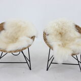 1960s Pair of Rattan Woven Basket Chair with Icelandic Sheepskin