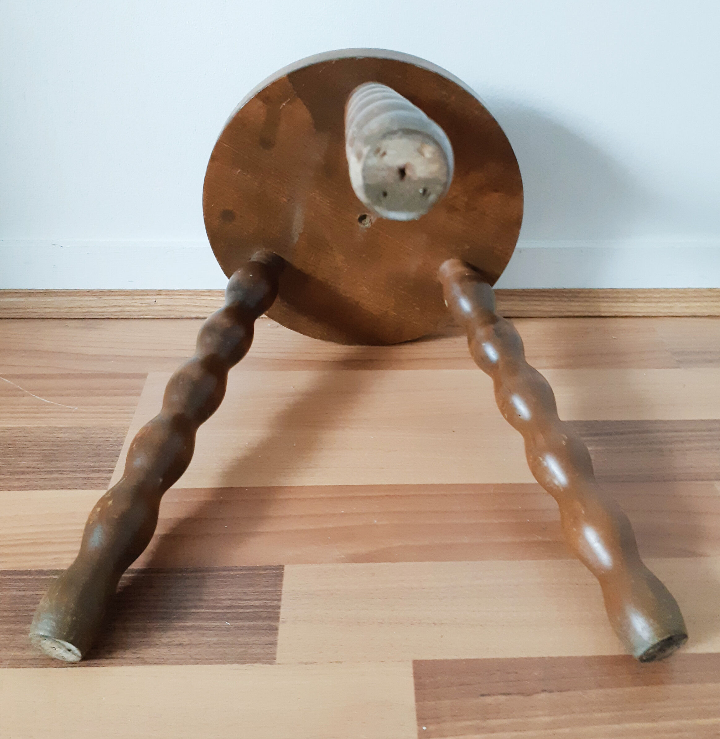 Vintage round milking stool , solid wood , tripod , 50s