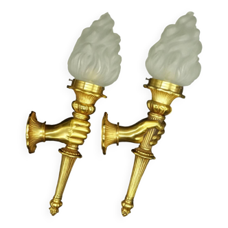 Large pair of torchiere sconces, hands, Louis XVI style - PETITOT bronze - 2 pairs available