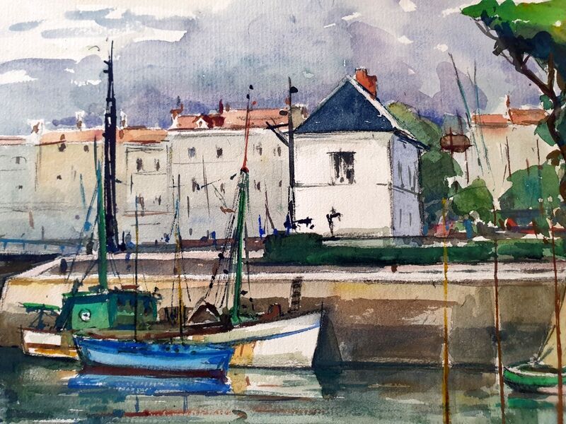 André Duculty (1912-1990) Watercolor on paper "Fishing port in the Mediterranean" Signed below