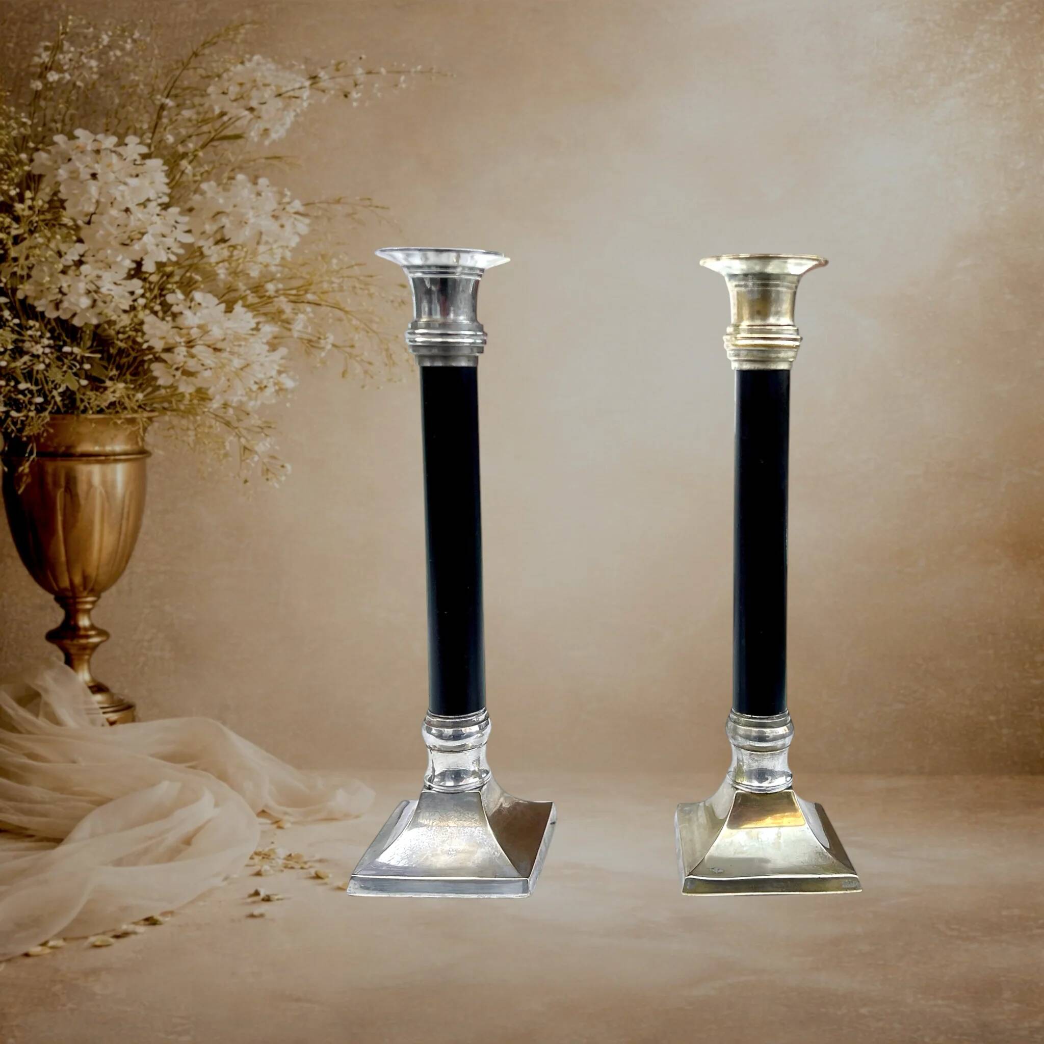 Pair of Art Deco candlesticks in nickel-plated metal and black column – 1930s
