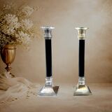 Pair of Art Deco candlesticks in nickel-plated metal and black column – 1930s