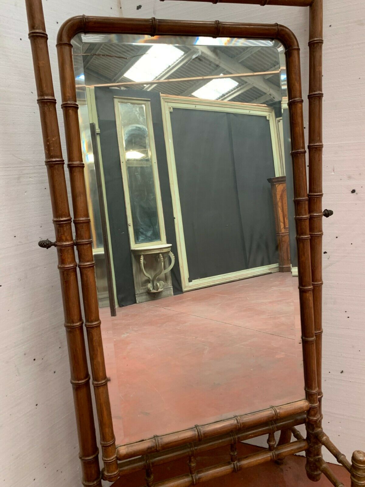 19th century bamboo-style cherry-style psyche mirror 85x193cm