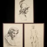 Selection of Three Academic Drawings, Charcoal Pencil on Paper, Framed