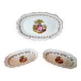 3 serving dishes with frangonard romantic scene with designs and borders in 24 carat gold.