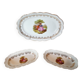 3 serving dishes with frangonard romantic scene with designs and borders in 24 carat gold.