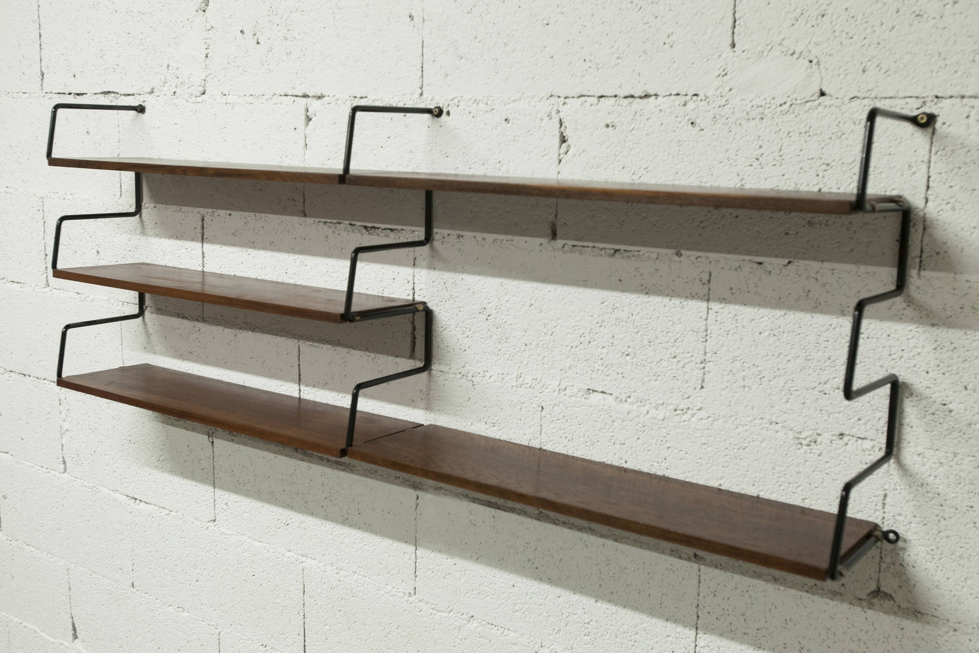 Zigzag string shelf 3 black ladders 5 teak shelves 1950