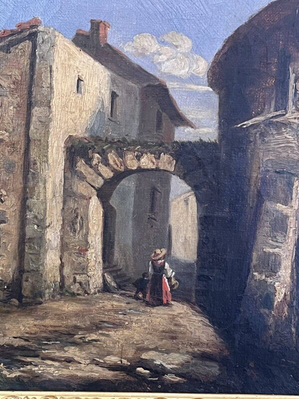 Tableau du XIXe siècle, huile sur toile, décor d’intérieur d’un village animés
