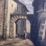 19th century painting, oil on canvas, interior decor of a lively village