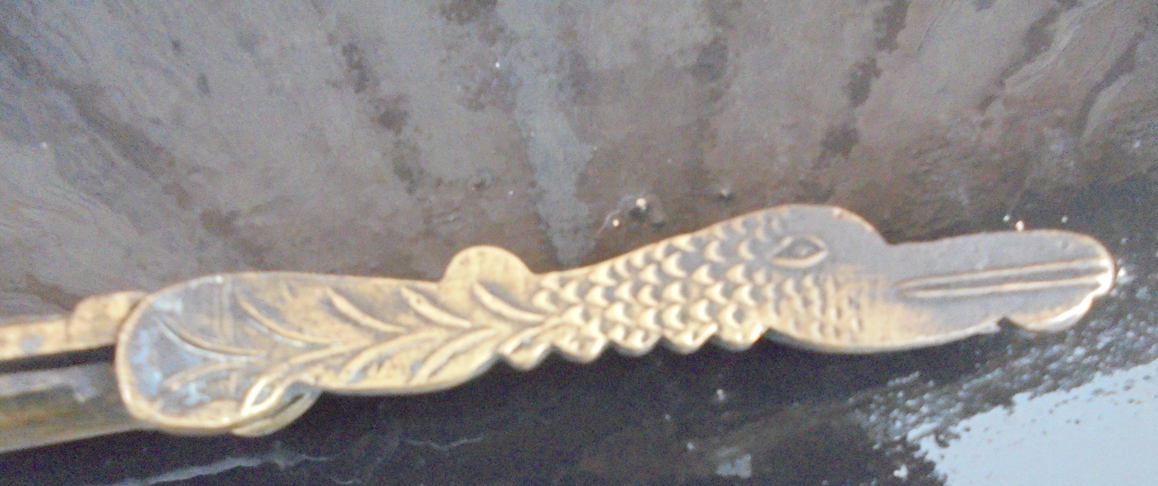 Zoomorphic bronze fireplace shovel and tongs