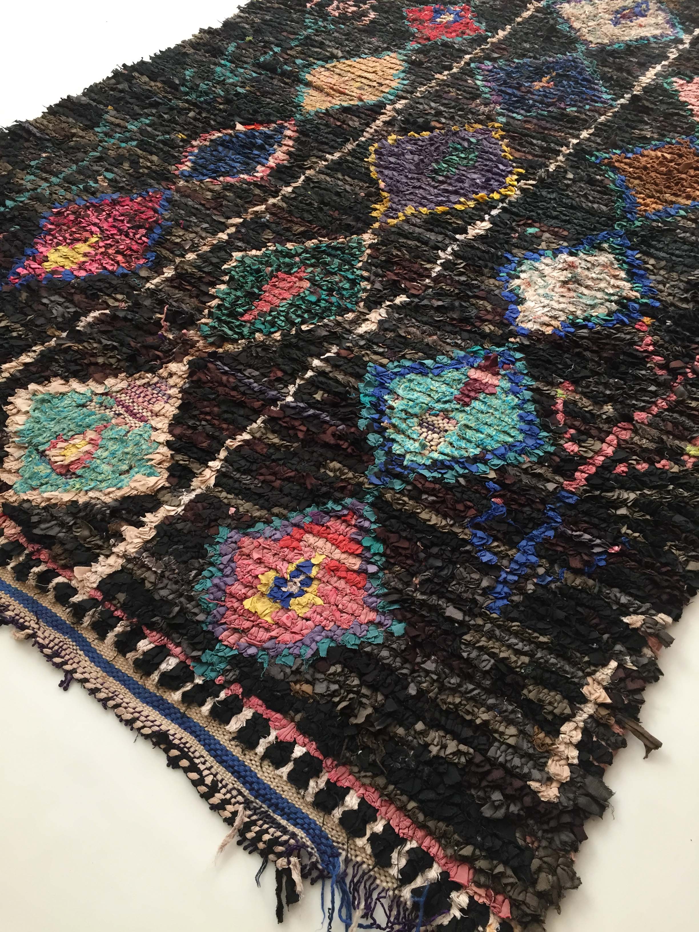 Moroccan Berber carpet Black Boucherouite with diamonds and colorful patterns 192x145cm