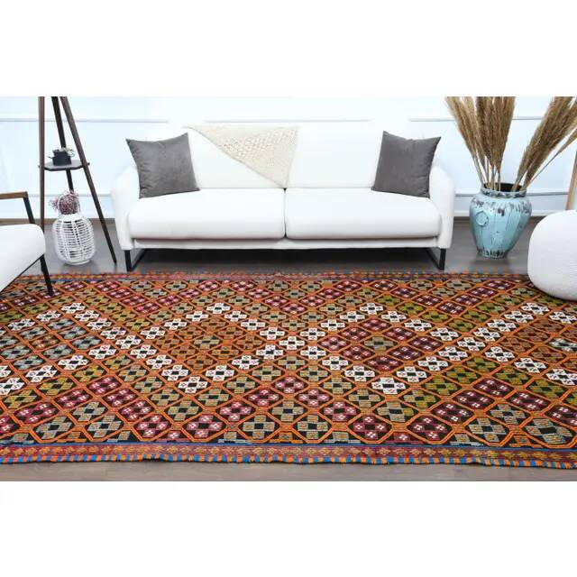 1970s Vintage Turkish Oushak Handmade Wool Cotton Orange Area Rug 179x353