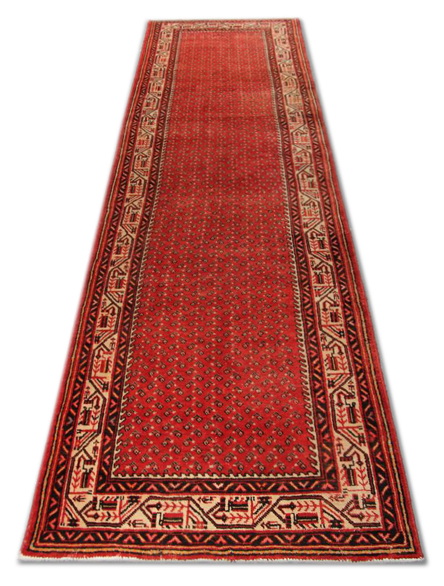 Red runner rug handwoven traditional oriental paisley wool carpet - 105x420cm