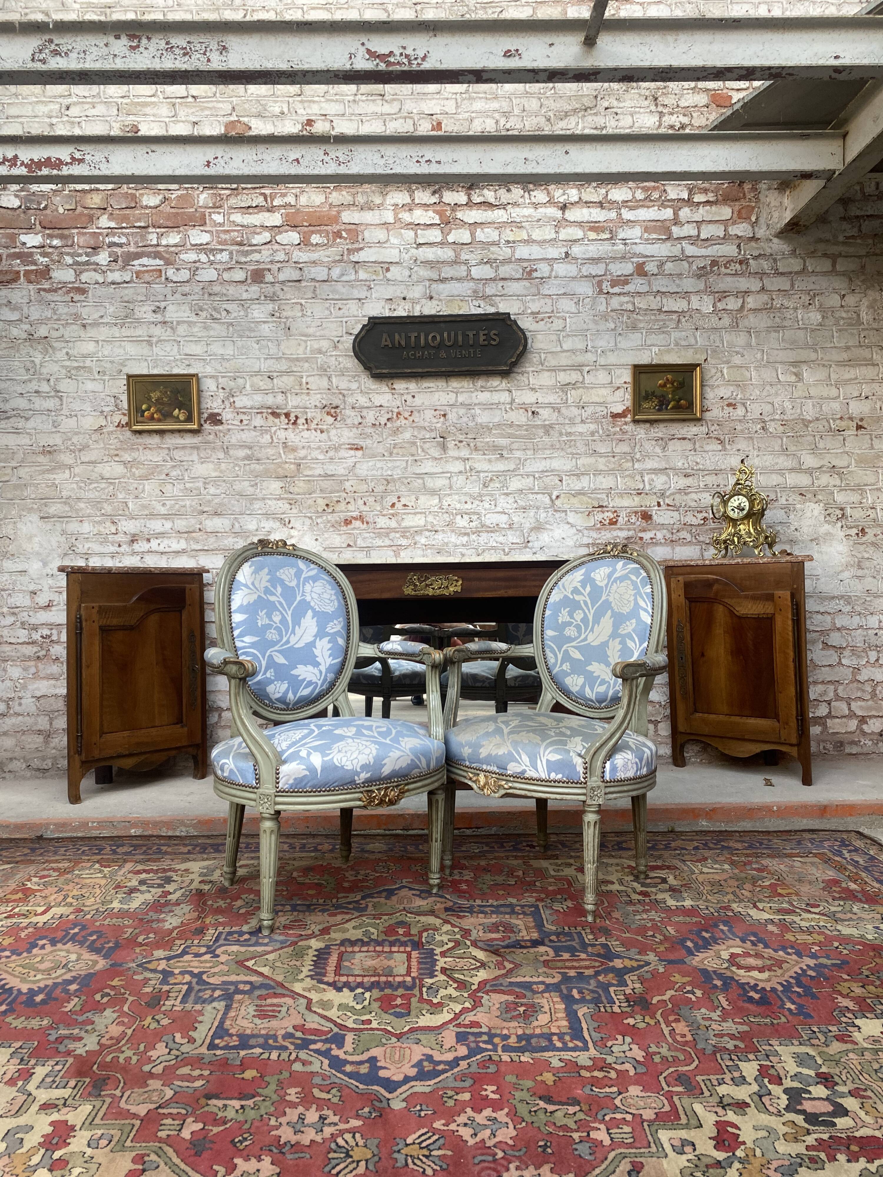 Pair of armchairs medallion in lacquered wood style louis xvi xix eme century