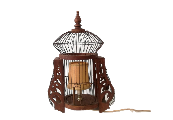 Antique wooden birdcage table lamp light bird home vintage