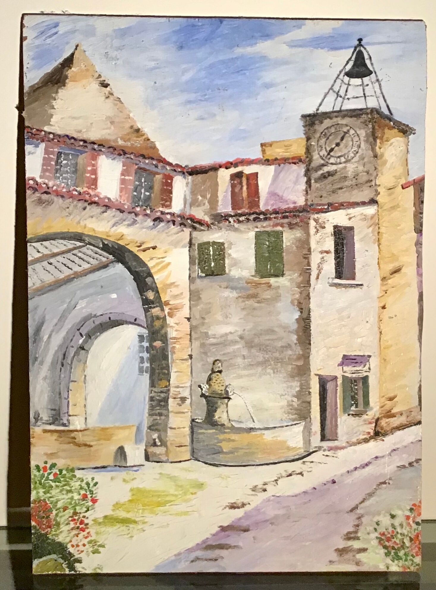 Painting, landscape, village scene at fountain