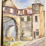 Painting, landscape, village scene at fountain