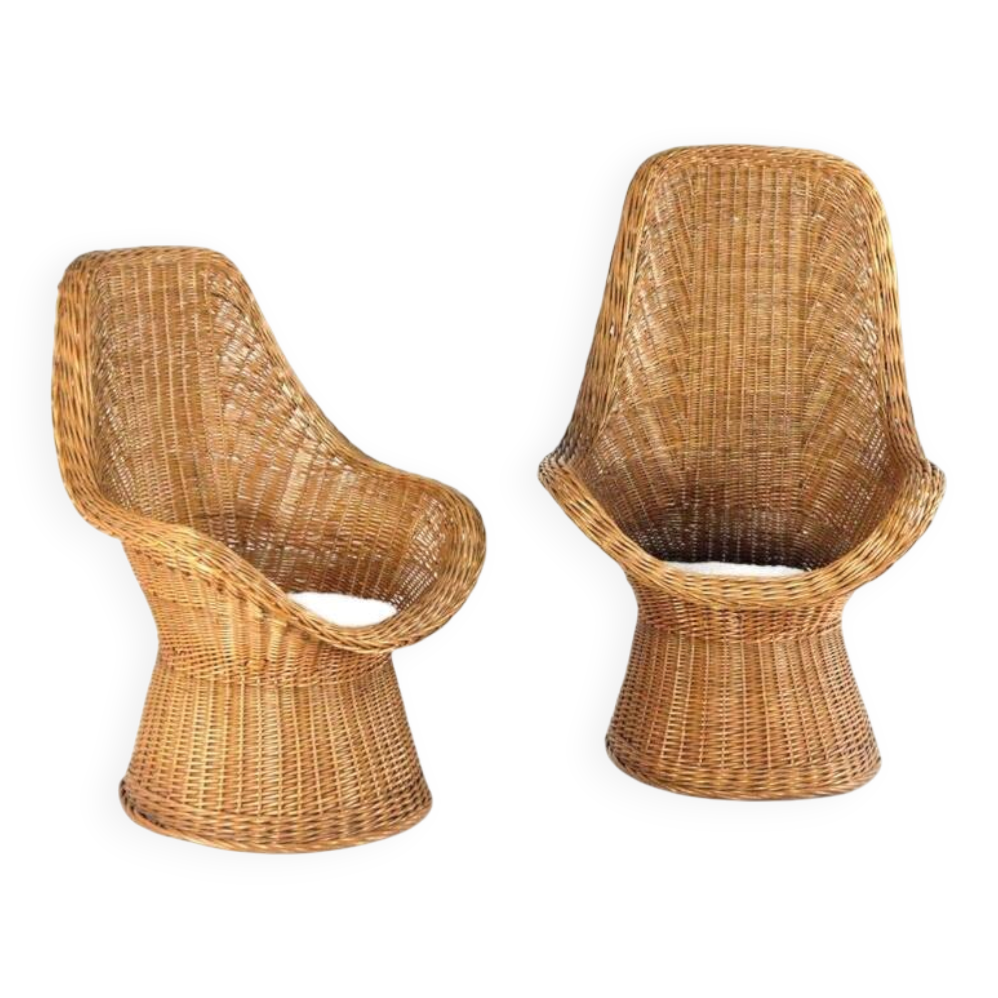 Set of 2 vintage rattan wicker armchairs with white teddy fabric