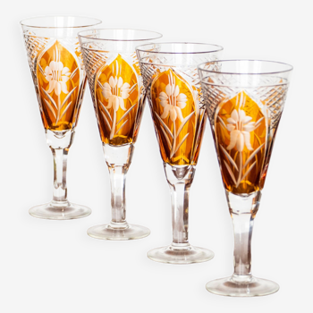 4 champagne flutes in flowered crystal chiseled, 1950