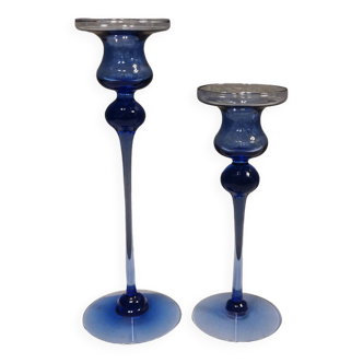 Holmegaard, set of two candle sticks, model Cassiopeia in sapphire blue glass.