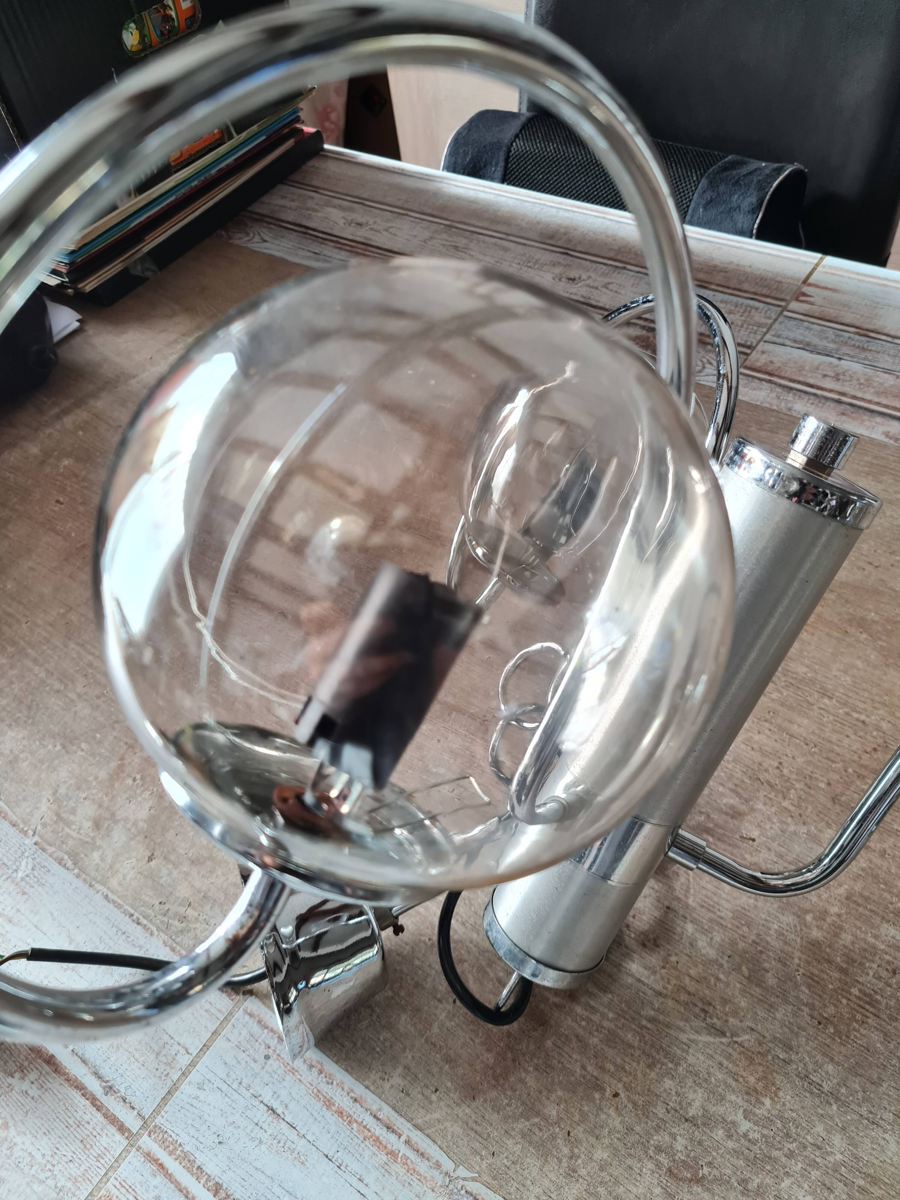 Chandelier with chrome metal frame from the 70s, 3 smoked globes