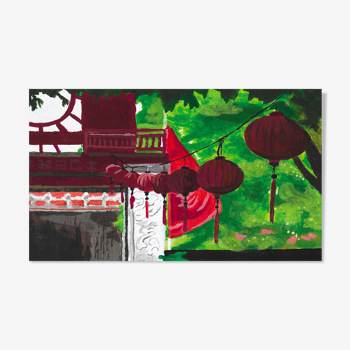 Les lampions de Hanoï - A4 - Peinture à la gouache - Vietnam - Asie - Voyage