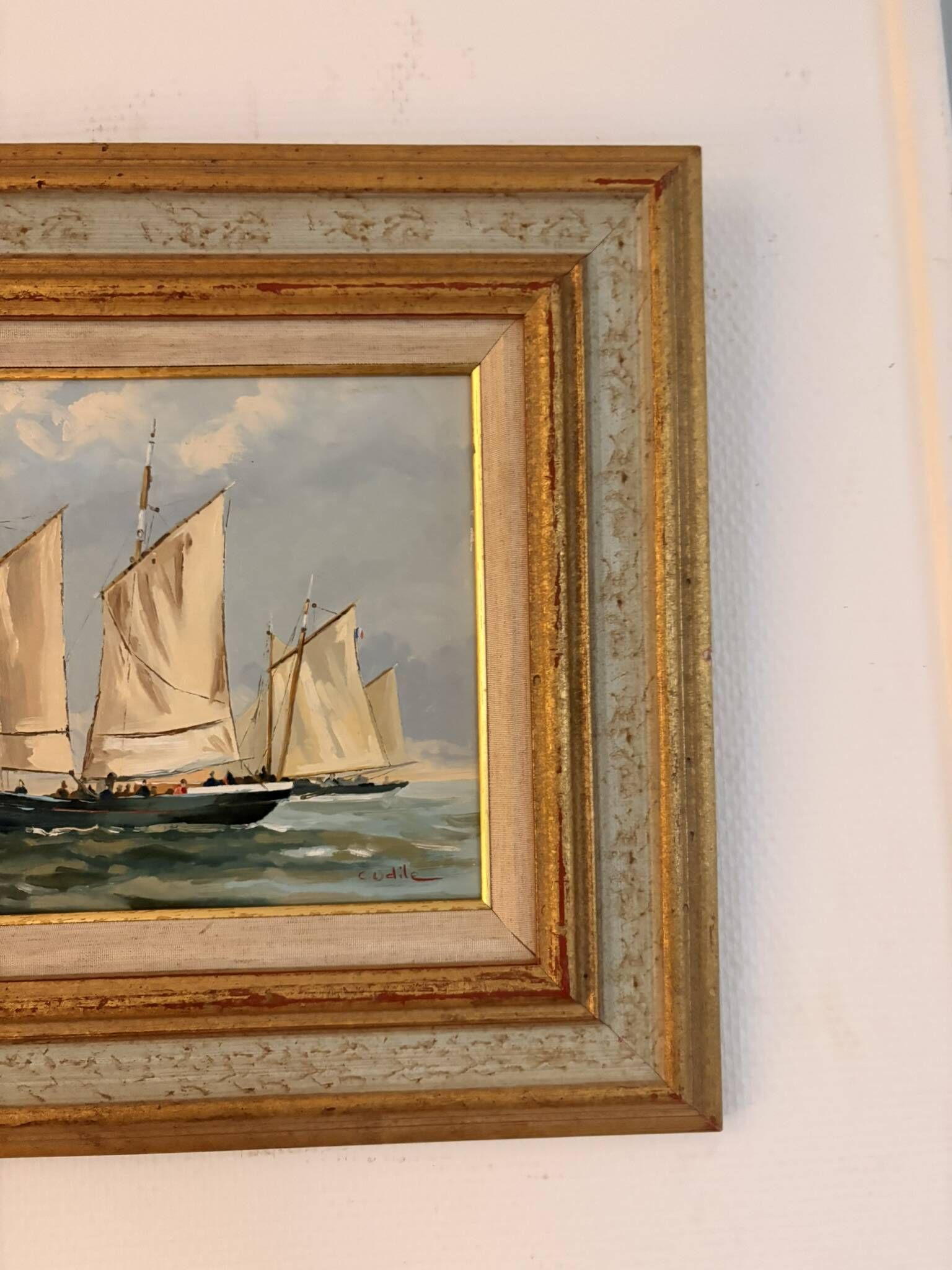 Old Oil Painting Marine Boat Signed Odile C Frigate