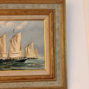 Old Oil Painting Marine Boat Signed Odile C Frigate