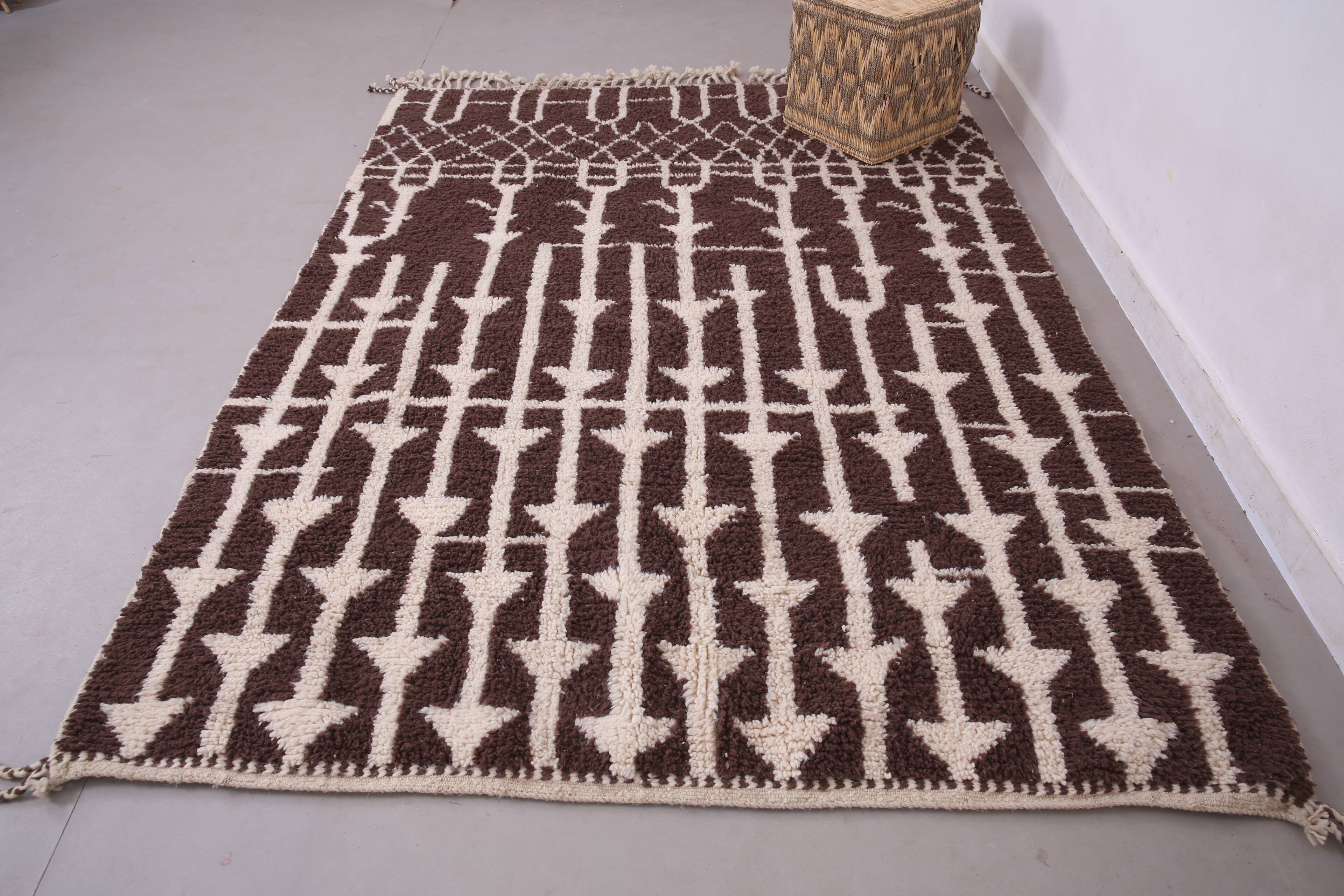 Brown Beni Ourain Rug 183 x 246 cm, Handmade Berber Wool Rug, Vintage Style