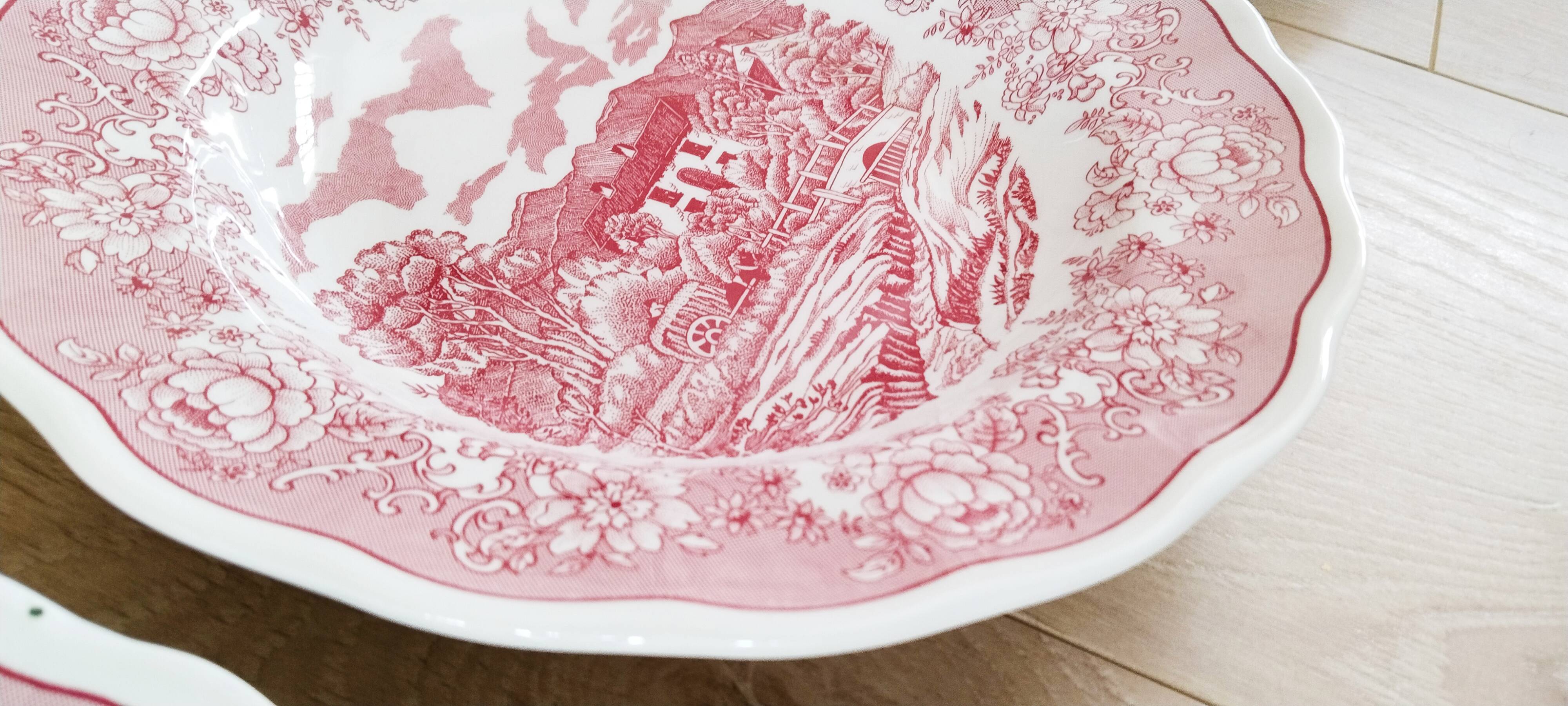 6 Italian English porcelain soup plates: Swiss Landscape