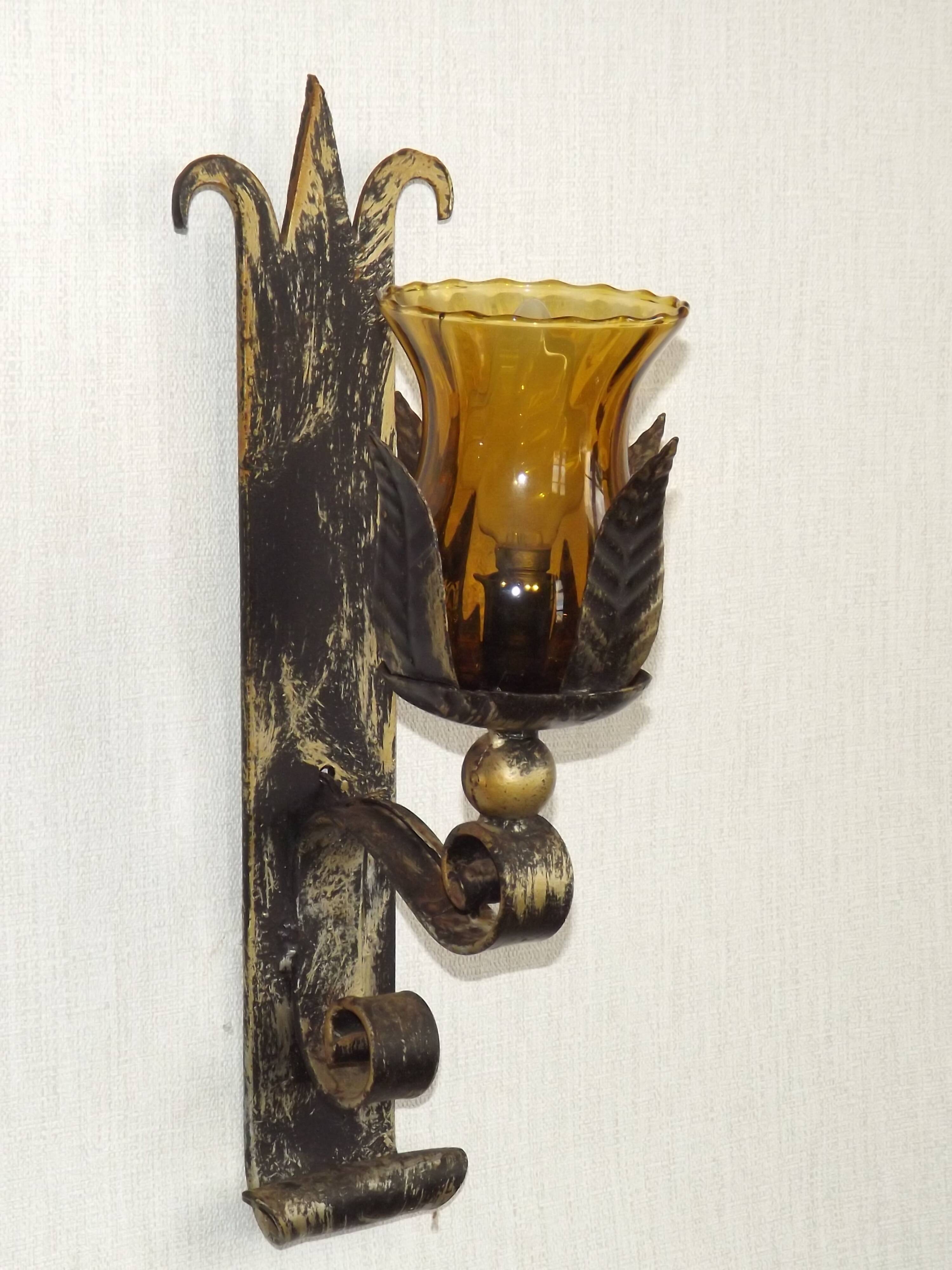 Pair Hand Forged Wrought Iron Medieval Style Wall Lights Amber Glass Shades