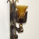 Pair Hand Forged Wrought Iron Medieval Style Wall Lights Amber Glass Shades
