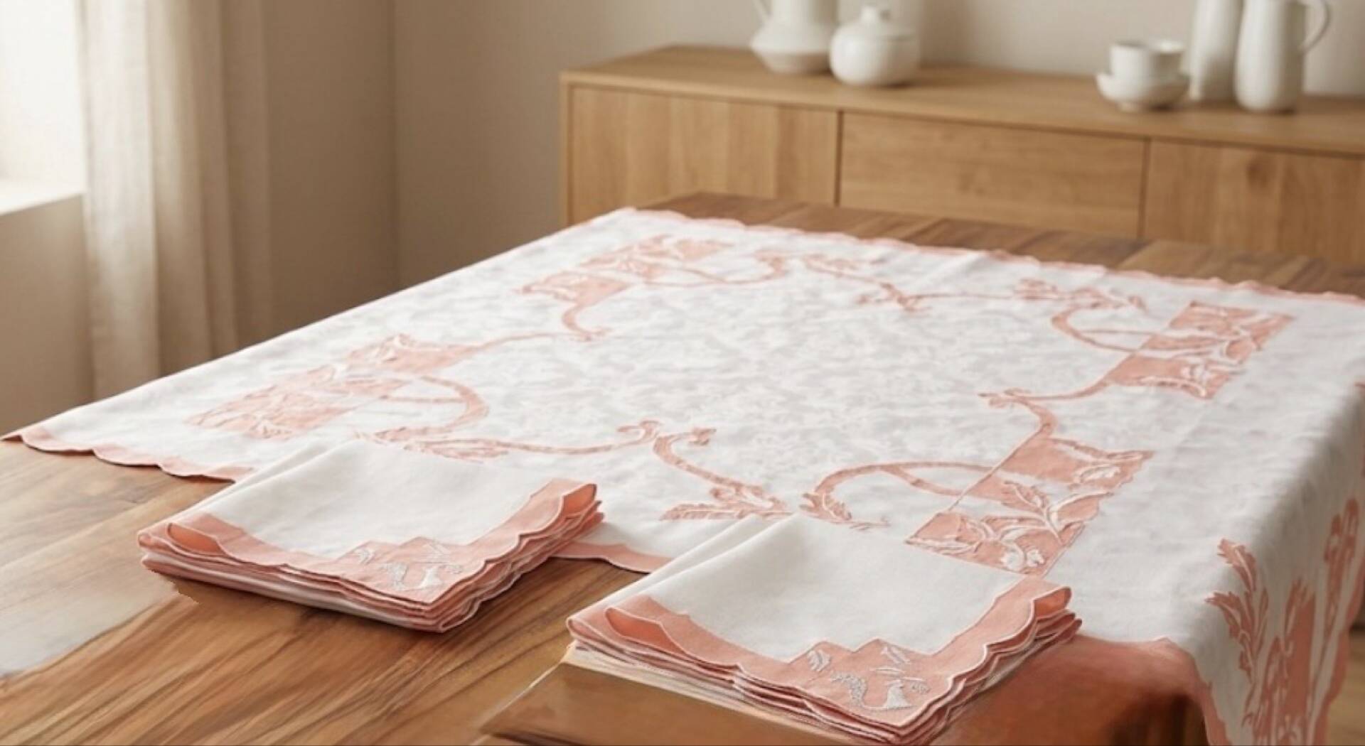 Art Deco table service from the 1930s: large rectangular tablecloth and 6 place settings.