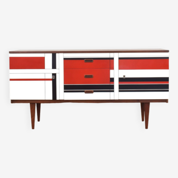 Buffet Mid-Century en Noyer avec Motif Peint à la Main, 1960s.