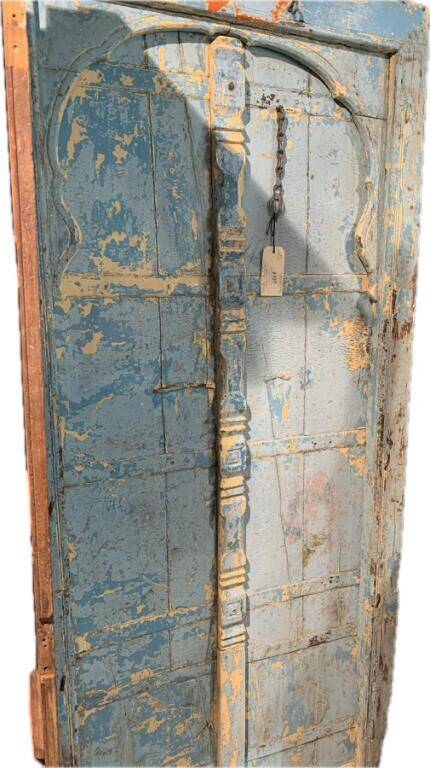 Blue patinated indian door with carved frame